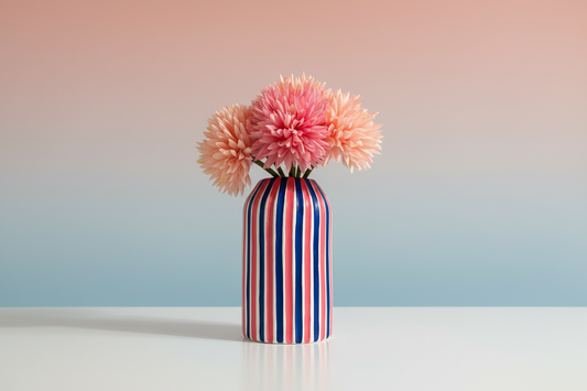 Coral And Navy Blue Striped Hand Painted Ceramic Vase