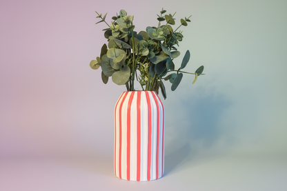 Coral Pink Hand Painted Striped Ceramic Vase