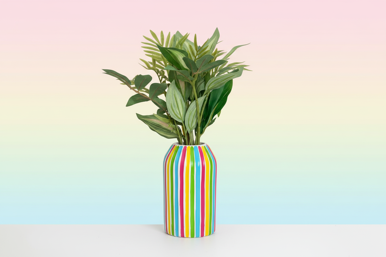 Pink Blue Green Yellow Striped Ceramic Hand Painted Vase Quirky Bright Colourful Vase