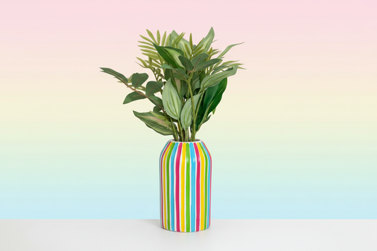 Pink Blue Green Yellow Striped Ceramic Hand Painted Vase Quirky Bright Colourful Vase