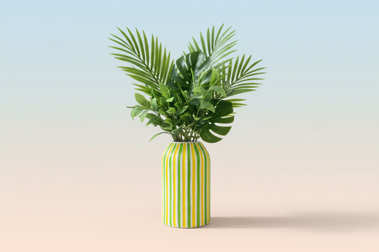Yellow and Green Stripes Hand Painted Ceramic Vase
