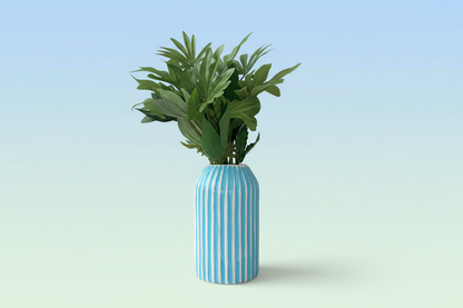 Blue and White Stripes Hand Painted Ceramic Vase