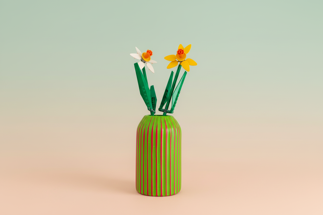 Handpainted Retro Ceramic Vase, Green And Fuchsia Striped, Quirky Unique Vase