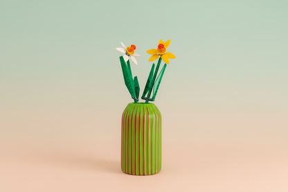 Handpainted Retro Ceramic Vase, Green And Fuchsia Striped, Quirky Unique Vase