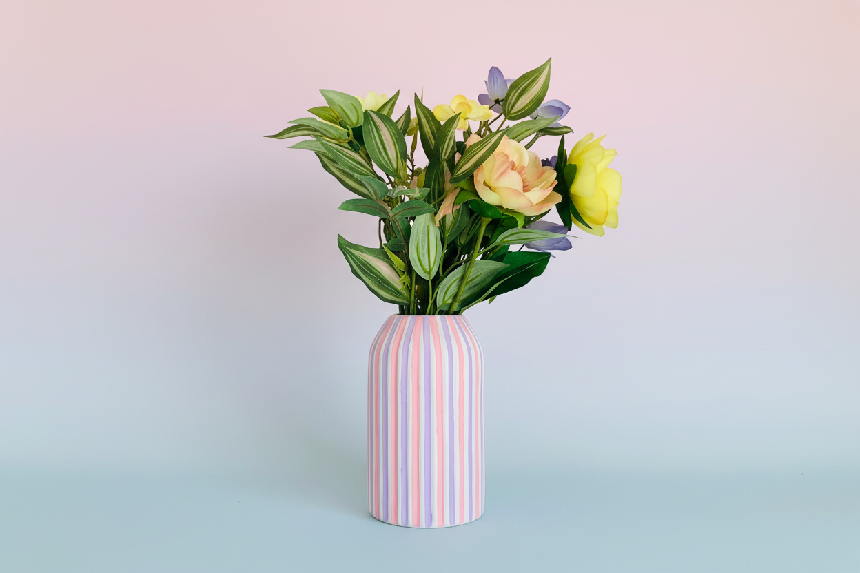 Handpainted Lilac And Pink Striped Ceramic Vase