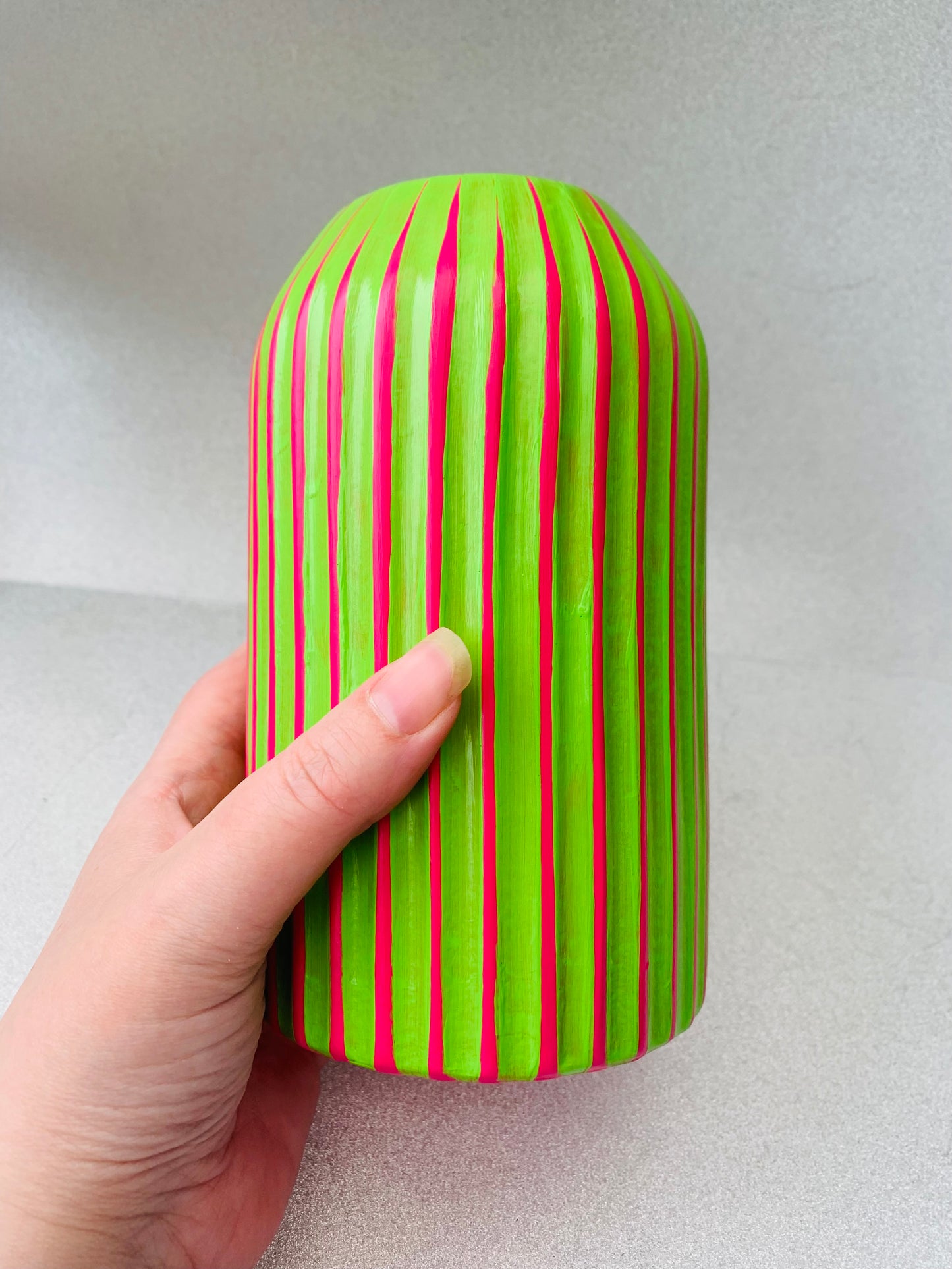 Handpainted Retro Ceramic Vase, Green And Fuchsia Striped, Quirky Unique Vase