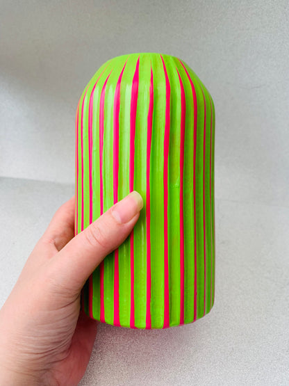 Handpainted Retro Ceramic Vase, Green And Fuchsia Striped, Quirky Unique Vase