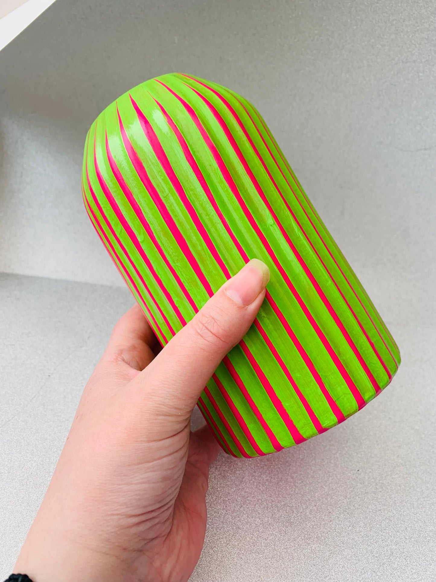 Handpainted Retro Ceramic Vase, Green And Fuchsia Striped, Quirky Unique Vase