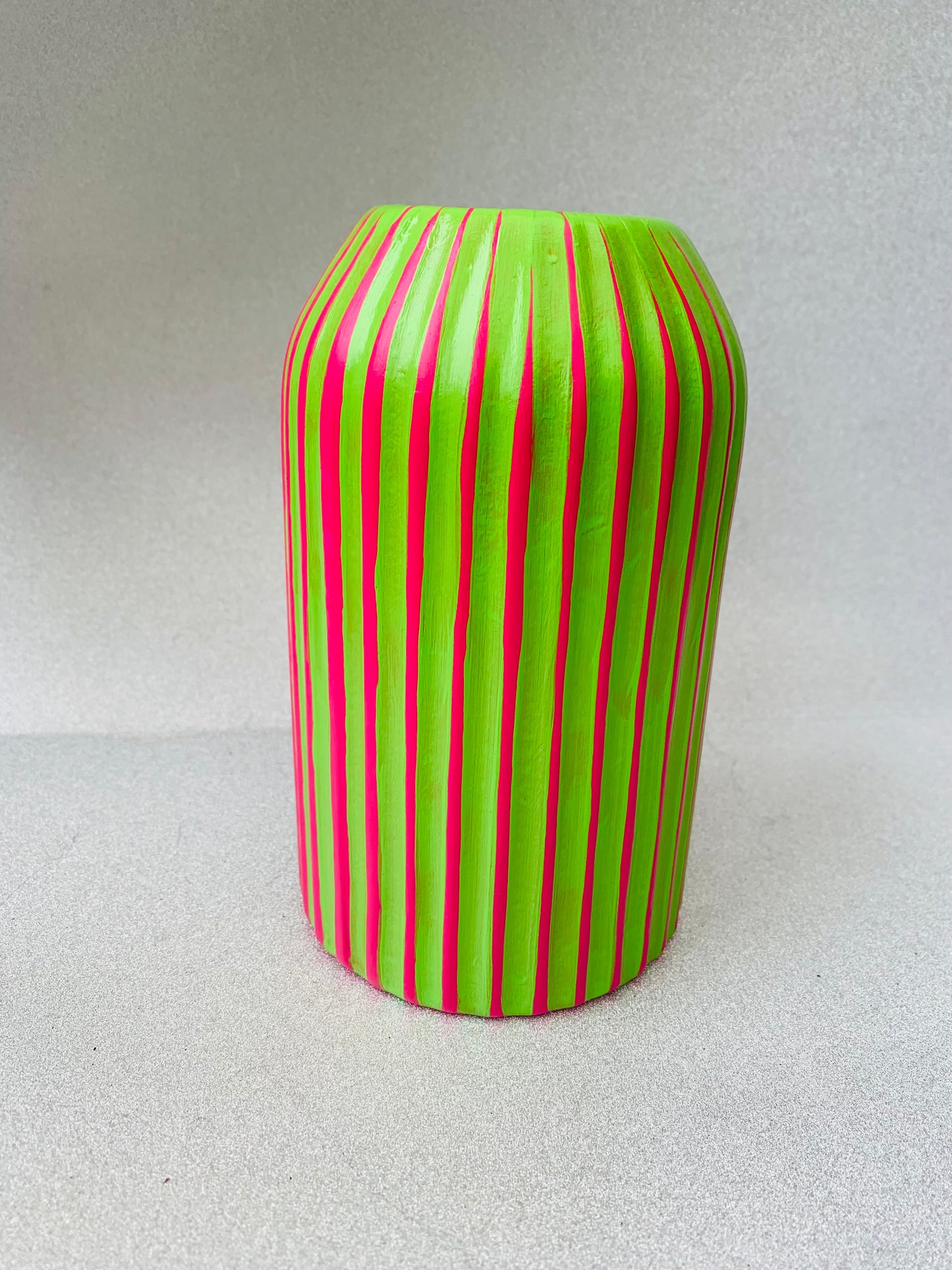 Handpainted Retro Ceramic Vase, Green And Fuchsia Striped, Quirky Unique Vase