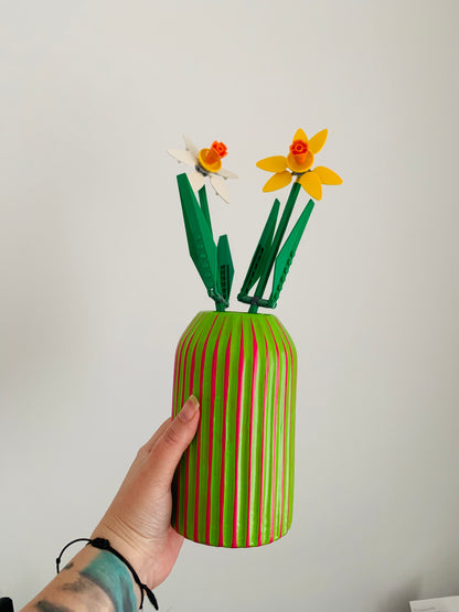 Handpainted Retro Ceramic Vase, Green And Fuchsia Striped, Quirky Unique Vase