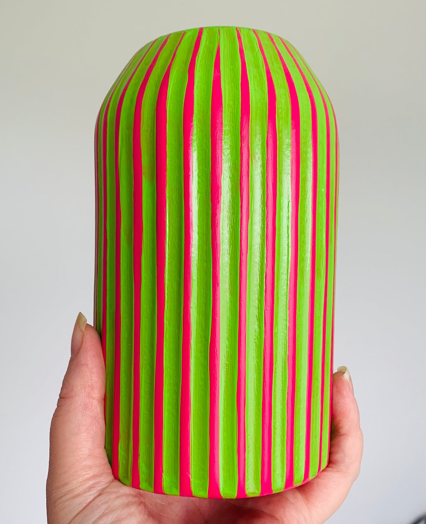 Handpainted Retro Ceramic Vase, Green And Fuchsia Striped, Quirky Unique Vase
