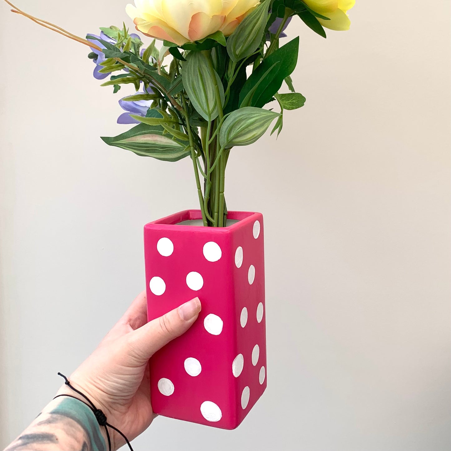 Pink And White Polka Dot Handpainted Ceramic Vase