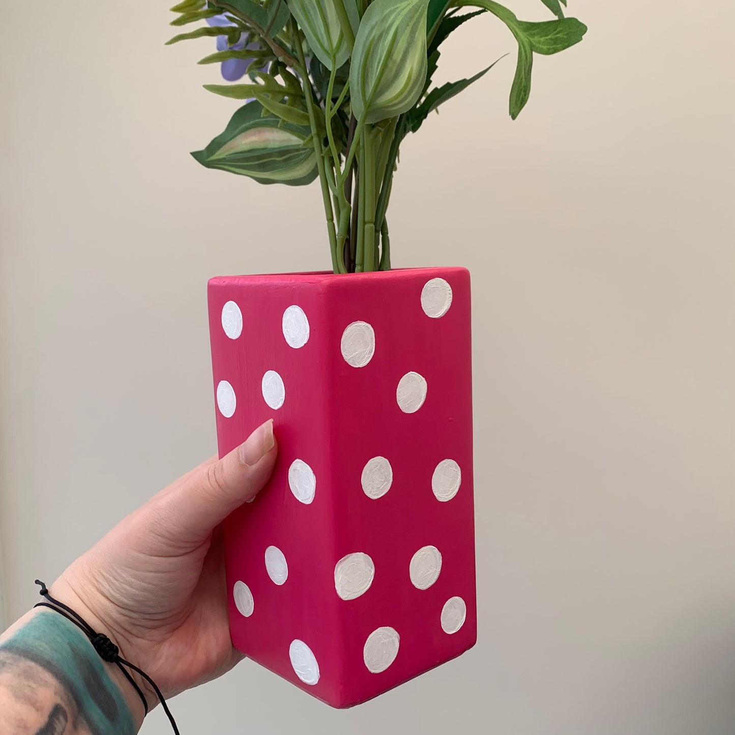 Pink And White Polka Dot Handpainted Ceramic Vase