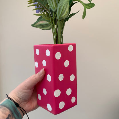 Pink And White Polka Dot Handpainted Ceramic Vase