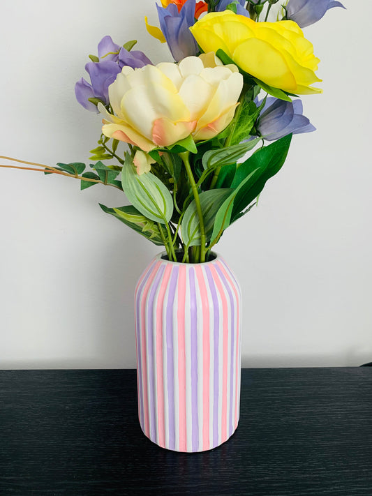 Handpainted Lilac And Pink Striped Ceramic Vase