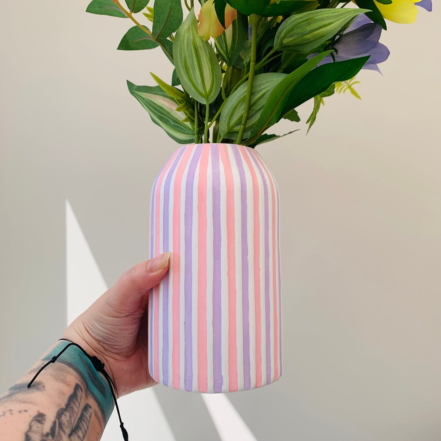 Handpainted Lilac And Pink Striped Ceramic Vase