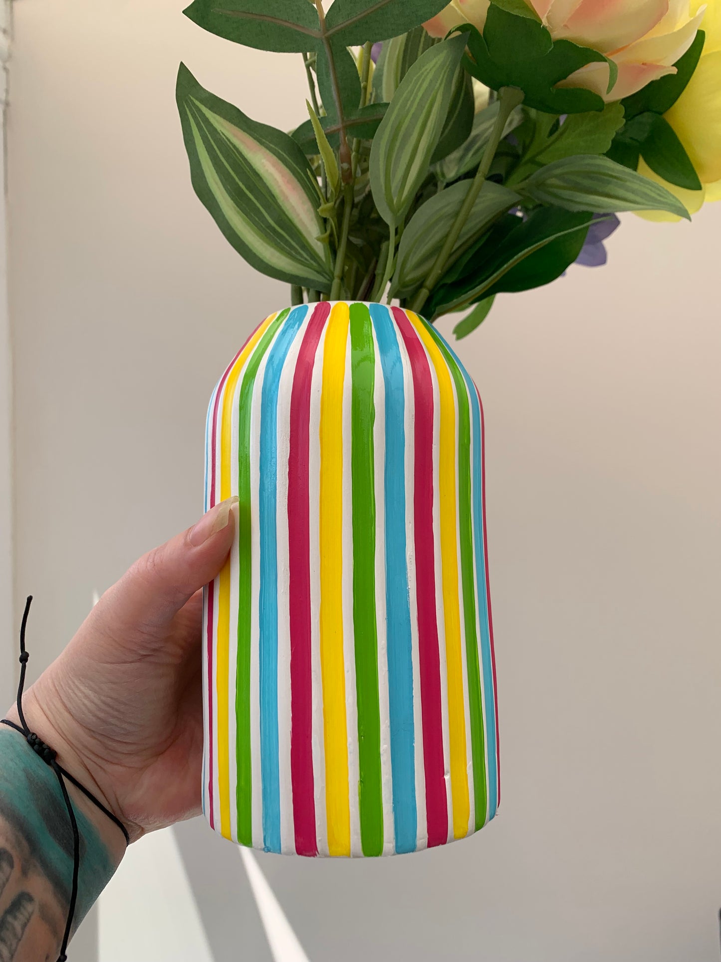 Pink Blue Green Yellow Striped Ceramic Hand Painted Vase Quirky Bright Colourful Vase