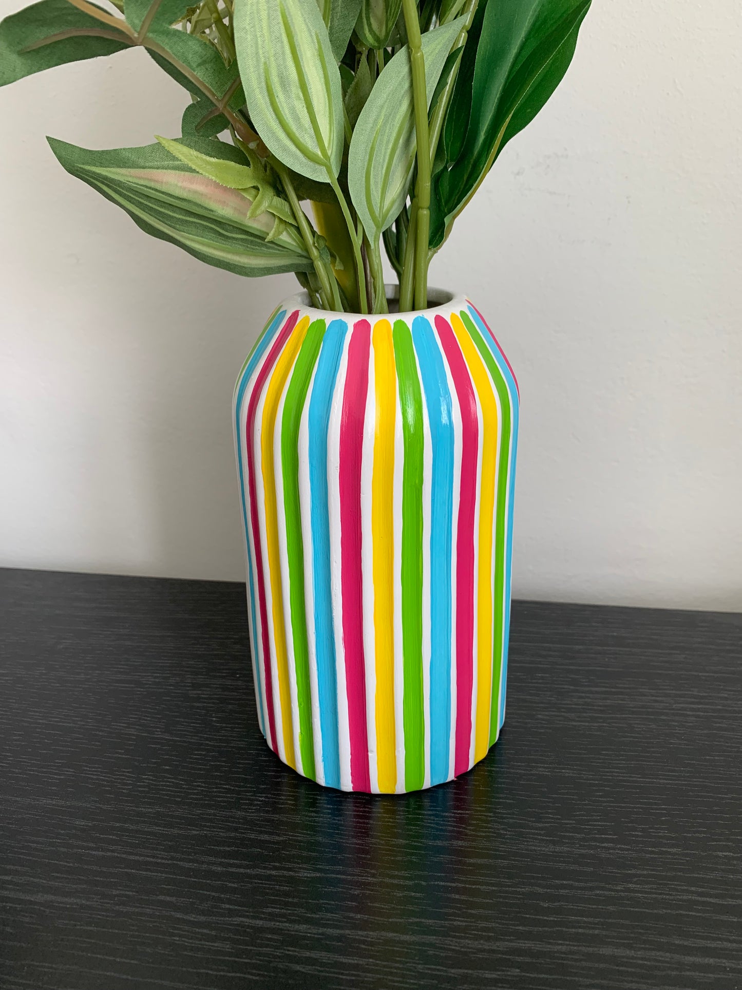 Pink Blue Green Yellow Striped Ceramic Hand Painted Vase Quirky Bright Colourful Vase