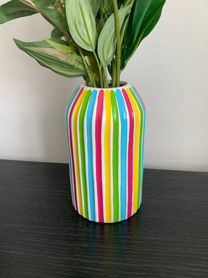 Pink Blue Green Yellow Striped Ceramic Hand Painted Vase Quirky Bright Colourful Vase