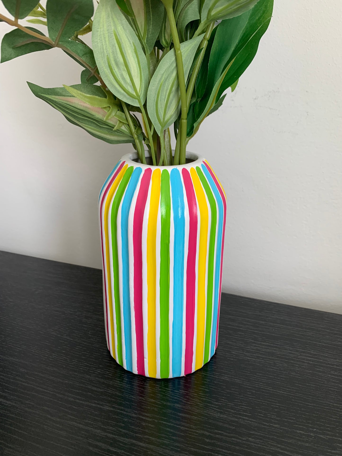 Pink Blue Green Yellow Striped Ceramic Hand Painted Vase Quirky Bright Colourful Vase