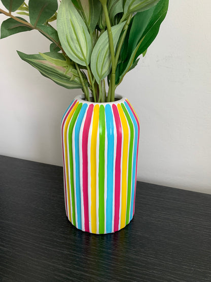 Pink Blue Green Yellow Striped Ceramic Hand Painted Vase Quirky Bright Colourful Vase