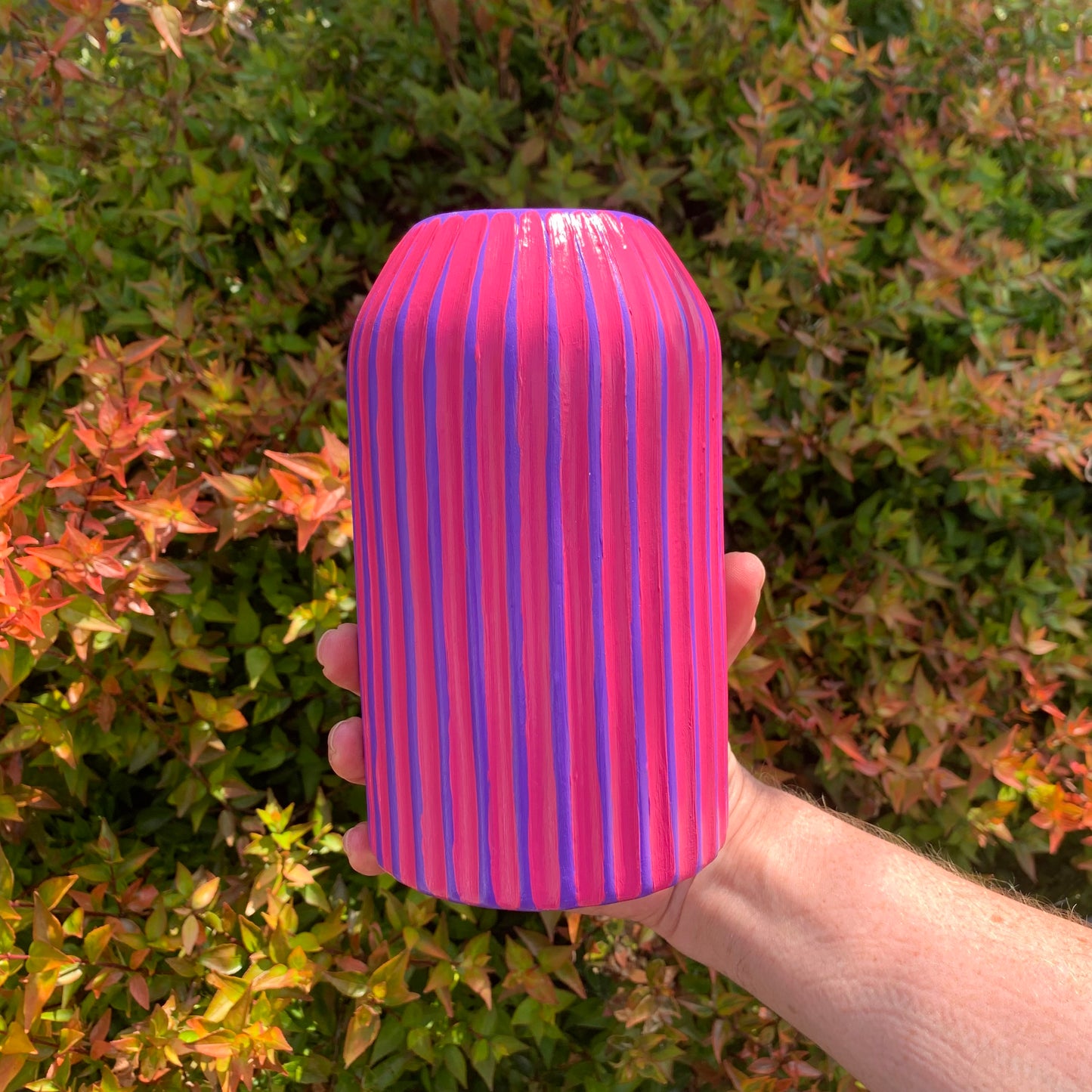 Purple and fuchsia hand painted striped vase 