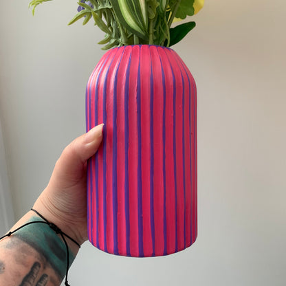 Purple and fuchsia striped hand painted ceramic vase