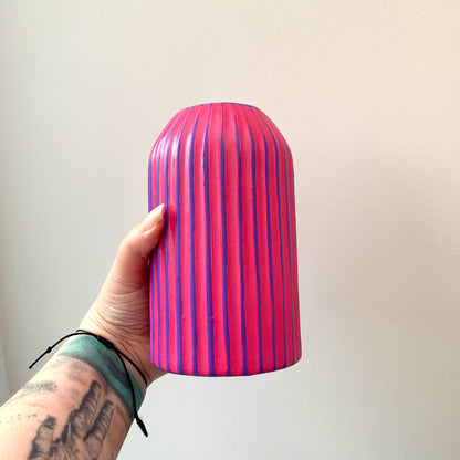 Purple and fuchsia hand painted striped ceramic vase