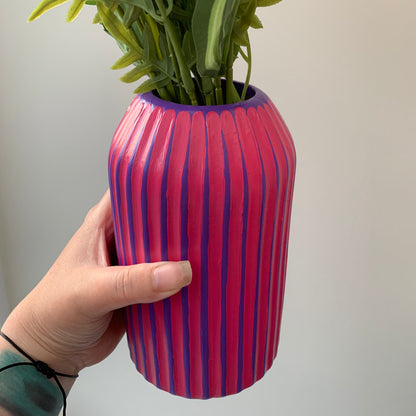 Purple and fuchsia hand painted striped ceramic vase