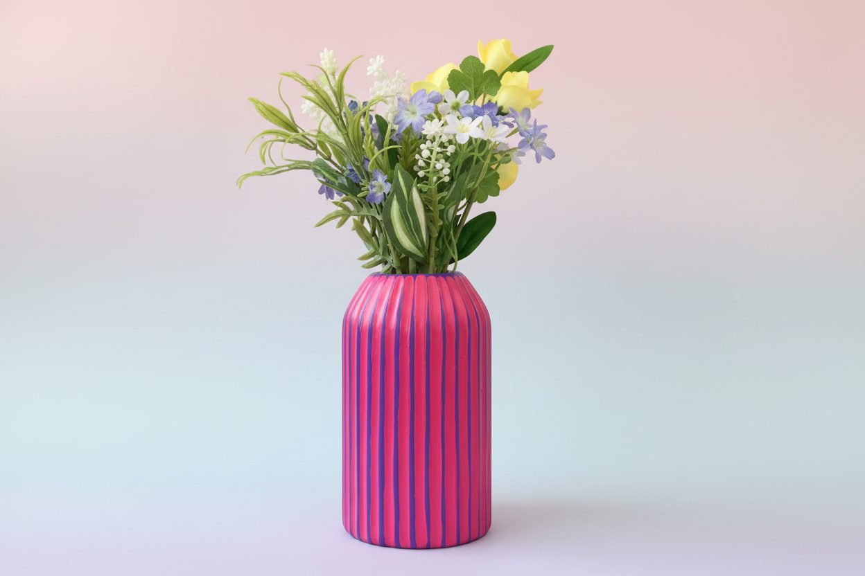 Pink striped vase with flowers on a gradient background