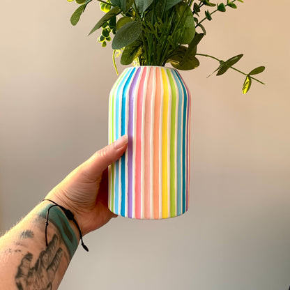 Multicoloured pastel rainbow ceramic striped vase