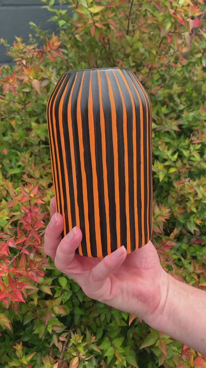 Halloween Themed Black And Orange Striped Hand Painted Decorative Ceramic Vase