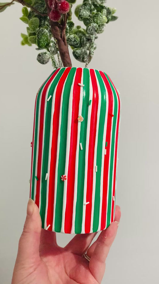 Christmas Sprinkes Green And Red Striped Hand Painted Ceramic Vase