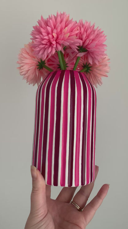Plum And Pink Hand Painted Ceramic Striped Vase
