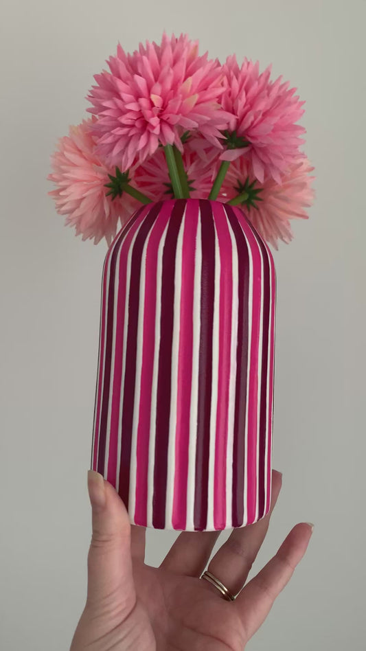 Plum And Pink Hand Painted Ceramic Striped Vase