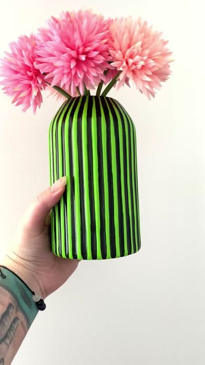 Green And Black Striped Hand Painted Ceramic Vase
