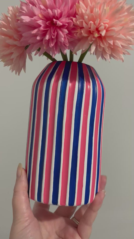 Coral And Navy Blue Striped Hand Painted Ceramic Vase