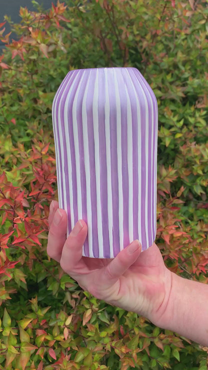 Purple And White Striped Ceramic Vase Hand Painted Pearlescent Shiny Decor Gift
