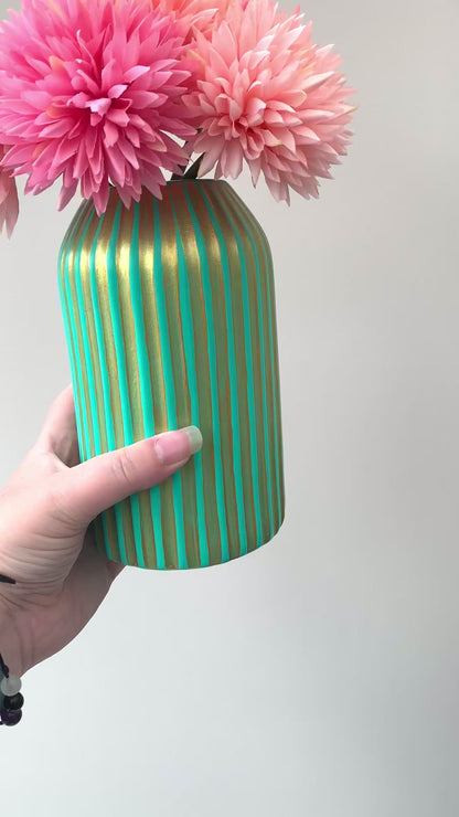 Turquoise And Gold Egyptian Inspired Hand Painted Striped Ceramic Vase