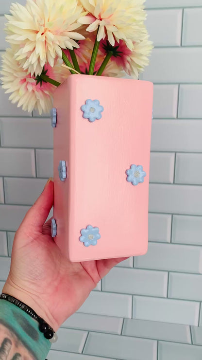 Blush Pink & Serenity Blue Clay Flowers Hand Painted Vase