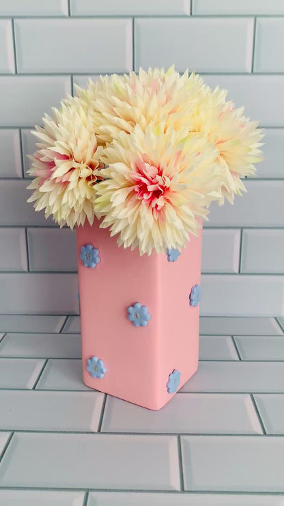 Blush Pink & Serenity Blue Clay Flowers Hand Painted Vase
