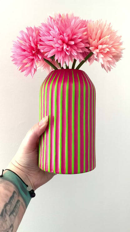 Fuchsia and Green Striped Hand Painted Ceramic Vase